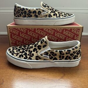 Vans Tan and Black Animal Print Slip-Ons